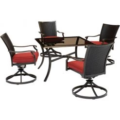 Hanover Traditions 5 pc. Dining Set with 4 Wicker Back Swivel Rockers and Glass-Top Table, Red, TRADDNWB5PCSWSQG-RED