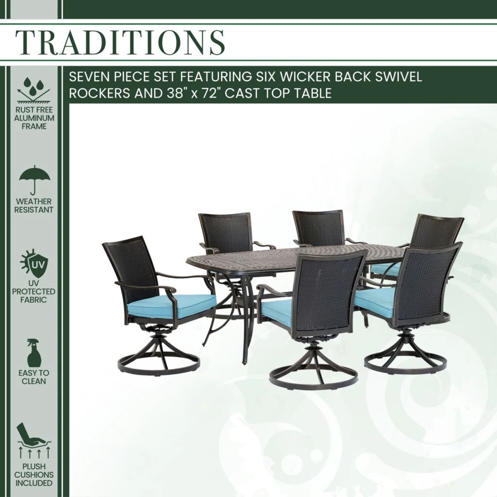 Hanover Traditions 7 pc. Dining Set with 6 Wicker Back Swivel Rockers and Large Cast-Top Table, TRADDNWB7PCSWC-BLU 4 Hanover Traditions 7 pc. Dining Set with 6 Wicker Back Swivel Rockers and Large Cast-Top Table, TRADDNWB7PCSWC-BLU - Image 2