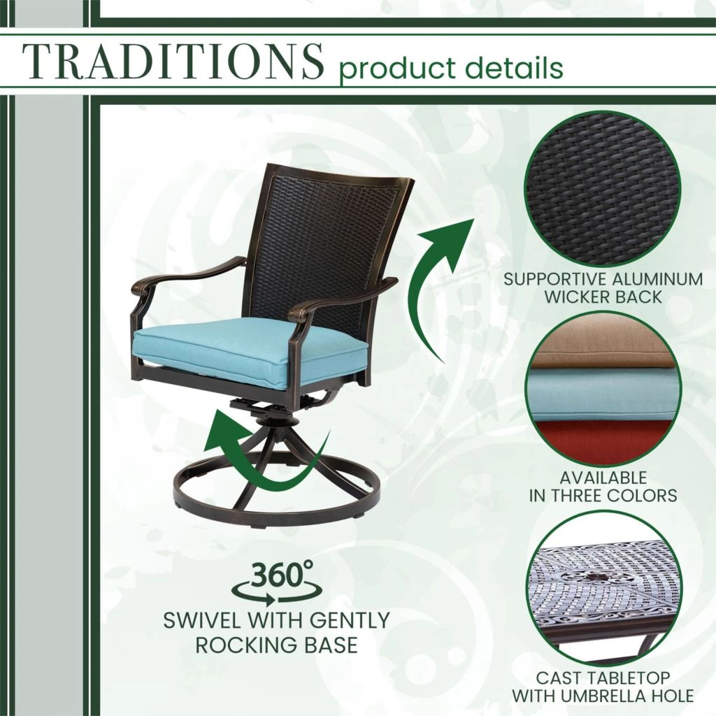 Hanover Traditions 7 pc. Dining Set with 6 Wicker Back Swivel Rockers and Large Cast-Top Table, TRADDNWB7PCSWC-BLU 5 Hanover Traditions 7 pc. Dining Set with 6 Wicker Back Swivel Rockers and Large Cast-Top Table, TRADDNWB7PCSWC-BLU - Image 3