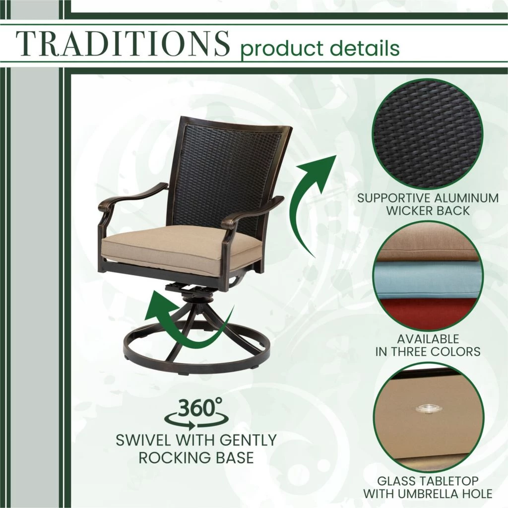 Hanover Traditions 7 pc. Outdoor Dining Set with 6 Wicker Back Swivel Rockers and Glass-Top Table, Blue, TRADDNWB7PCSWG-BLU 5 Hanover Traditions 7 pc. Outdoor Dining Set with 6 Wicker Back Swivel Rockers and Glass-Top Table, Blue, TRADDNWB7PCSWG-BLU - Image 3