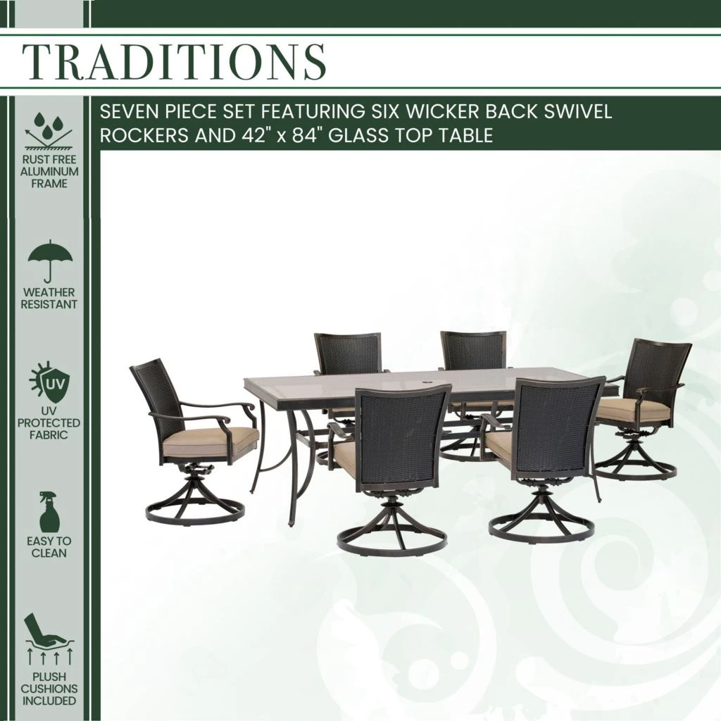 Hanover Traditions 7 pc. Outdoor Dining Set with 6 Wicker Back Swivel Rockers and Glass-Top Table, Blue, TRADDNWB7PCSWG-BLU 7 Hanover Traditions 7 pc. Outdoor Dining Set with 6 Wicker Back Swivel Rockers and Glass-Top Table, Blue, TRADDNWB7PCSWG-BLU - Image 5
