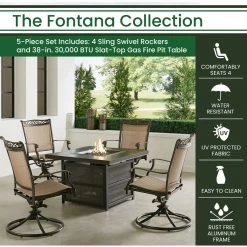 Hanover Fontana 5 pc. Fire Pit Chat Set with 4 Sling Swivel Rockers, 38 in. 30,000 BTU Gas Fire Pit Table, FNT5PCSLSW4FP