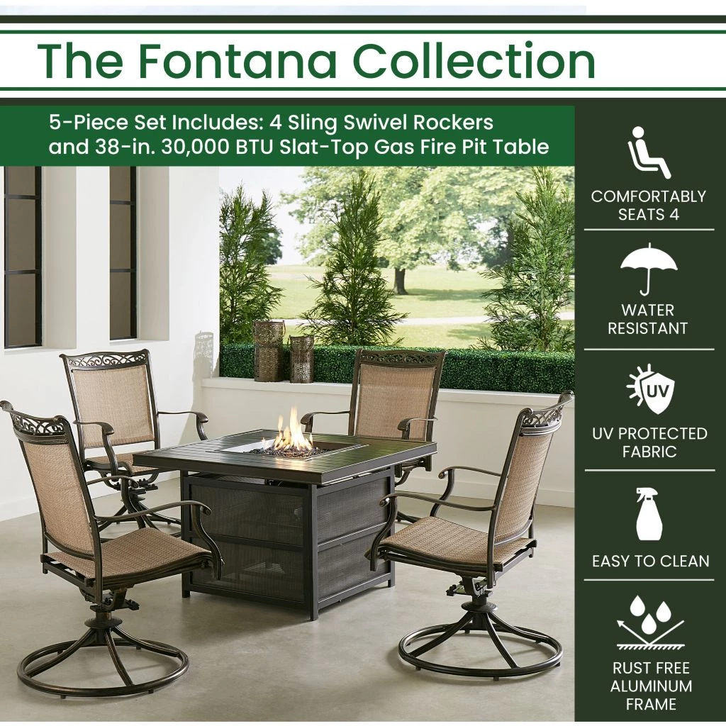 Hanover Fontana 5 pc. Fire Pit Chat Set with 4 Sling Swivel Rockers, 38 in. 30,000 BTU Gas Fire Pit Table, FNT5PCSLSW4FP 3 Hanover Fontana 5 pc. Fire Pit Chat Set with 4 Sling Swivel Rockers, 38 in. 30,000 BTU Gas Fire Pit Table, FNT5PCSLSW4FP