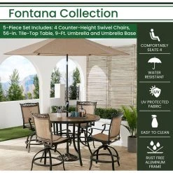 Hanover Fontana 5 pc. High-Dining Set with 4 Counter-Height Swivel Chairs, 56 in. Table, 9 ft. Umbrella/Base, FNTDN5PCPBRTN-SU