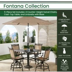 Hanover Fontana 5 pc. High-Dining Set with 4 Counter-Height Swivel Chairs, 42 x 42 in. Table, Umbrella/Base, FNTDN5PCPSQBR-SU