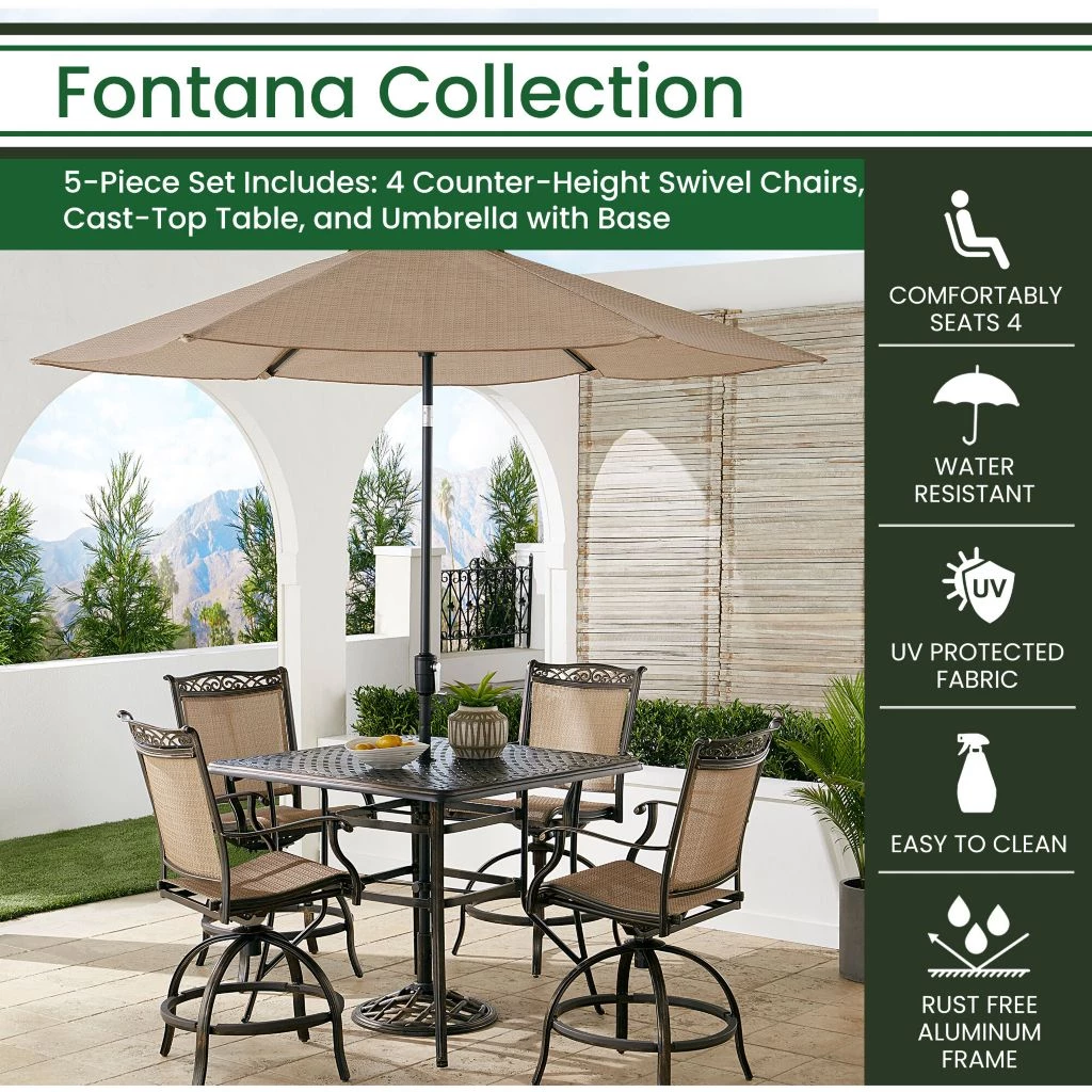 Hanover Fontana 5 pc. High-Dining Set with 4 Counter-Height Swivel Chairs, 42 x 42 in. Table, Umbrella/Base, FNTDN5PCPSQBR-SU 3 Hanover Fontana 5 pc. High-Dining Set with 4 Counter-Height Swivel Chairs, 42 x 42 in. Table, Umbrella/Base, FNTDN5PCPSQBR-SU