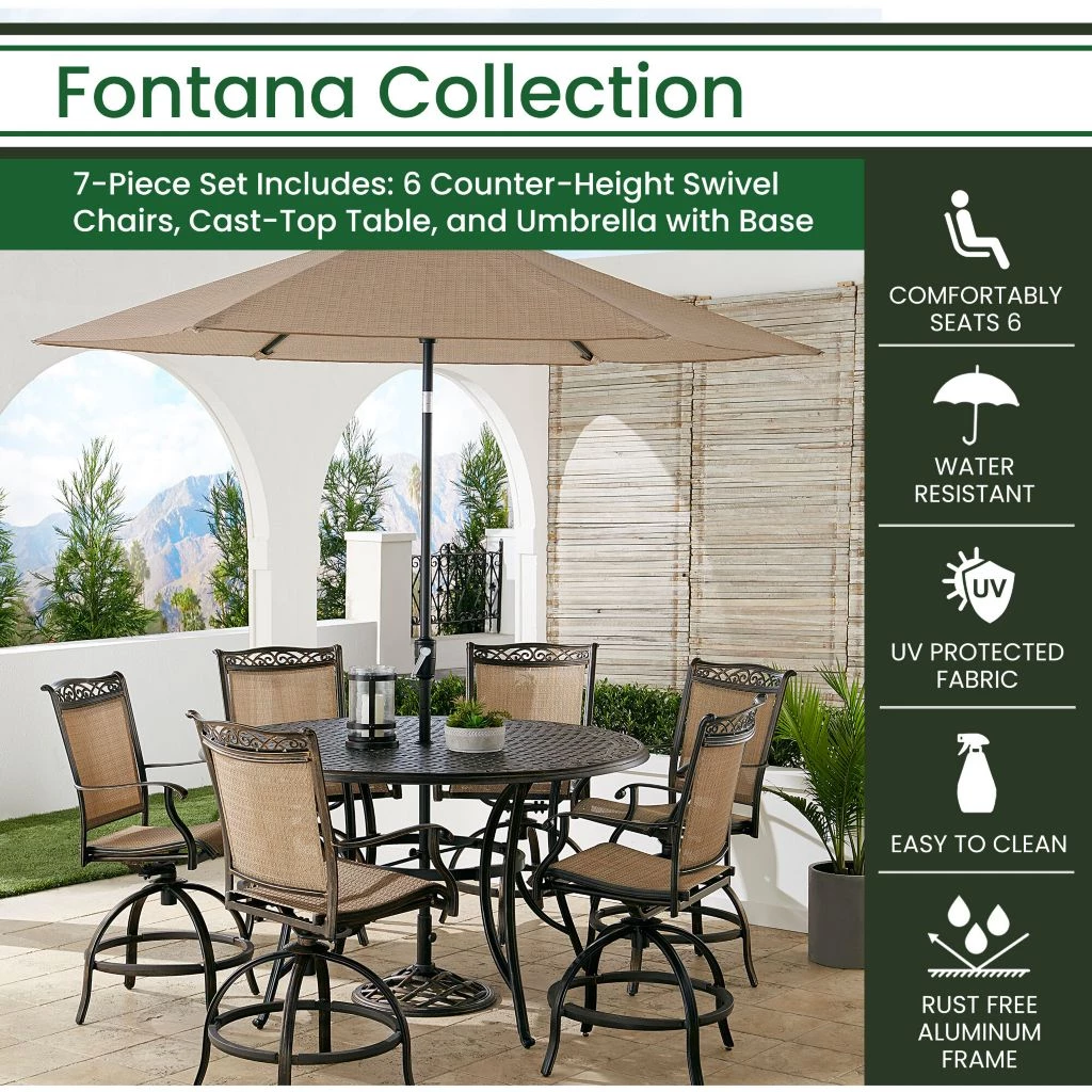 Hanover Fontana 7 pc. High-Dining Set with 6 Counter-Height Swivel Chairs, 56 in. Cast-Top Table, Umbrella/Base, FNTDN7PCPBRC-SU 3 Hanover Fontana 7 pc. High-Dining Set with 6 Counter-Height Swivel Chairs, 56 in. Cast-Top Table, Umbrella/Base, FNTDN7PCPBRC-SU