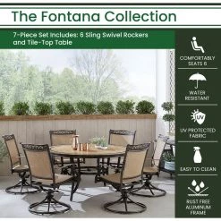 Hanover Fontana 7 pc. Outdoor Dining Set with 6 Sling Swivel Rockers and a 60 in. Tile-Top Table, FNTDN7PCSW6RDTN