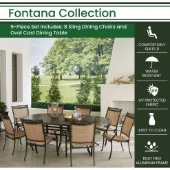 Hanover Fontana 9 pc. Outdoor Dining Set with 8 Sling Dining Chairs and 95 in. x 60 in. Oval Cast-Top Dining Table, FNTDN9PCOV