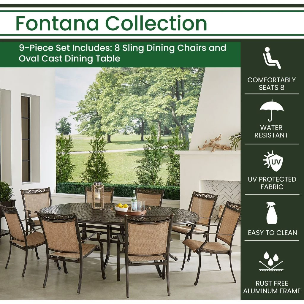 Hanover Fontana 9 pc. Outdoor Dining Set with 8 Sling Dining Chairs and 95 in. x 60 in. Oval Cast-Top Dining Table, FNTDN9PCOV 3 Hanover Fontana 9 pc. Outdoor Dining Set with 8 Sling Dining Chairs and 95 in. x 60 in. Oval Cast-Top Dining Table, FNTDN9PCOV