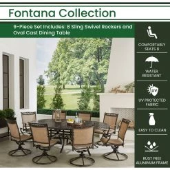 Hanover Fontana 9 pc. Outdoor Dining Set with 8 Sling Swivel Rockers, 95 in. x 60 in. Oval Cast-Top Dining Table, FNTDN9PCOVSW8