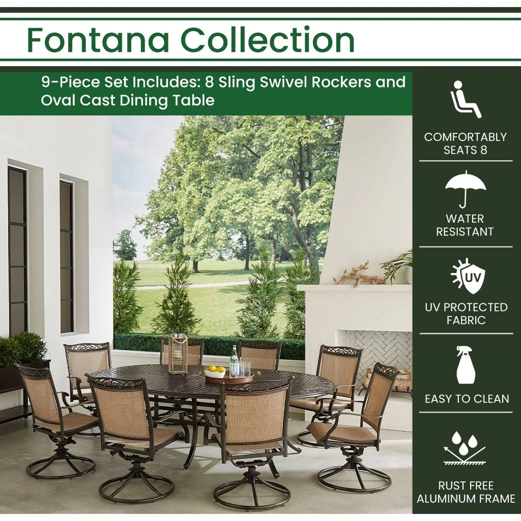 Hanover Fontana 9 pc. Outdoor Dining Set with 8 Sling Swivel Rockers, 95 in. x 60 in. Oval Cast-Top Dining Table, FNTDN9PCOVSW8 3 Hanover Fontana 9 pc. Outdoor Dining Set with 8 Sling Swivel Rockers, 95 in. x 60 in. Oval Cast-Top Dining Table, FNTDN9PCOVSW8