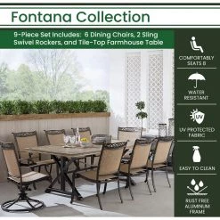 New! Hanover Fontana 9 pc. Outdoor Dining Set with 6 Dining Chairs 2 Sling Swivel Rockers, 42 x 80 in. Farmhouse Table, FNTDN9PCTFSW2