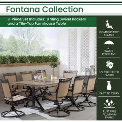 New! Hanover Fontana 9 pc. Outdoor Dining Set with 8 Sling Swivel Rockers and 42 in. x 80 in. Tile-Top Farmhouse Table, FNTDN9PCTFSW8