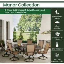 Hanover Manor 9 pc. Outdoor Dining Set with 8 Swivel Rockers and 95 in. x 60 in. Oval Cast-Top Dining Table, MANDN9PCOVSW8