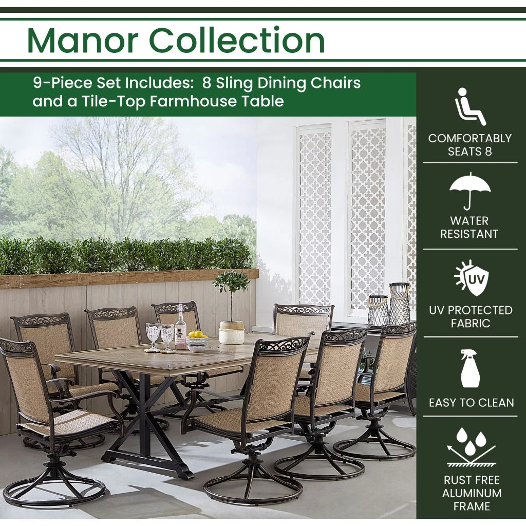 New! Hanover Manor 9 pc. Outdoor Dining Set with 8 Sling Dining Chairs and 42 in. x 80 in. Tile-Top Farmhouse Table, MANDN9PCTF 3 New! Hanover Manor 9 pc. Outdoor Dining Set with 8 Sling Dining Chairs and 42 in. x 80 in. Tile-Top Farmhouse Table, MANDN9PCTF
