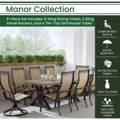 New! Hanover Manor 9 pc. Outdoor Set with 6 Sling Dining Chairs 2 Sling Swivel Rockers, 42 x 80 in. Farmhouse Table, MANDN9PCTFSW2