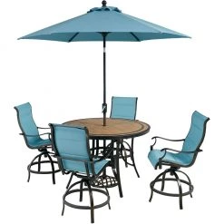 Hanover Monaco 5 pc. High-Dining Set with 4 Counter-Height Swivel Chairs, 56 in. Table, 9 ft. Umbrella, Blue, MONDN5PCPDBRC-SU-B