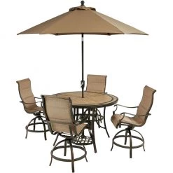 Hanover Monaco 5 pc. High-Dining Set with 4 Counter-Height Swivel Chairs, 56 in. Table, 9 ft. Umbrella, Tan, MONDN5PCPDBRC-SU-T