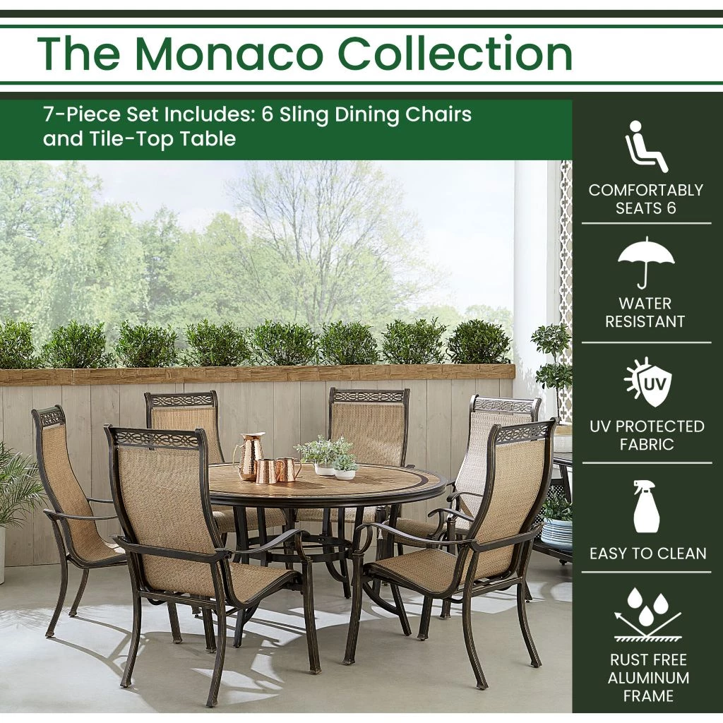Hanover Monaco 7 pc. Outdoor Dining Set with 6 Sling Dining Chairs and a 60 in. Tile-Top Table, MONDN7PCRDTL 3 Hanover Monaco 7 pc. Outdoor Dining Set with 6 Sling Dining Chairs and a 60 in. Tile-Top Table, MONDN7PCRDTL