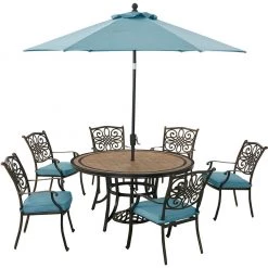 Hanover Monaco 7 pc. Dining Set with Six Dining Chairs a 60 in. Tile-Top Table and 9 ft. Umbrella, Blue, MONDN7PCRDTLC-SU-B