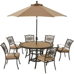 Hanover Monaco 7 pc. Dining Set with Six Dining Chairs a 60 in. Tile-Top Table and 9 ft. Umbrella, Tan, MONDN7PCRDTLC-SU-T