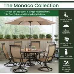 Hanover Monaco 7 pc. Outdoor Dining Set with 6 Sling Swivel Rockers, 60 in. Tile-Top Table, 9 ft. Umbrella, MONDN7PCSW6RDTL-SU