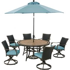Hanover Monaco 7 pc. Dining Set with 6 Wicker Back Swivel Rockers, 60 in. Table, 9 ft. Umbrella, Blue, MONDNWB7PCSW6RDTL-SU-B