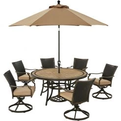 Hanover Monaco 7 pc. Dining Set with 6 Wicker Back Swivel Rockers, 60 in. Table, 9 ft. Umbrella, Tan, MONDNWB7PCSW6RDTL-SU-T