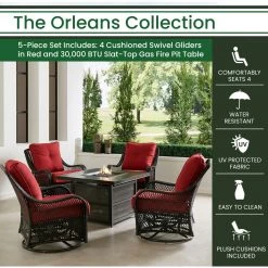 Hanover Orleans 5 pc. Deep Seating Set with 4 Cushioned Swivel Gliders, 38 in. 30,000 BTU Gas Fire Pit Table, ORL5PCSLSW4FP-BRY