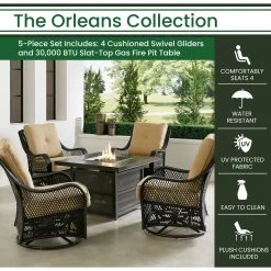 Hanover Orleans 5 pc. Deep Seating Set with 4 Cushioned Swivel Gliders, 38 in. 30,000 BTU Gas Fire Pit Table, ORL5PCSLSW4FP-TAN