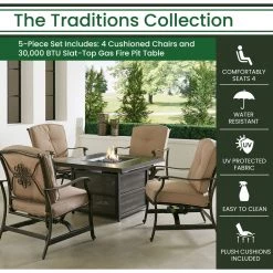 Hanover Traditions 5 pc. Fire Pit Chat Set with 4 Cushioned Chairs and 38 in. 30, TRAD5PCSLFP-TAN
