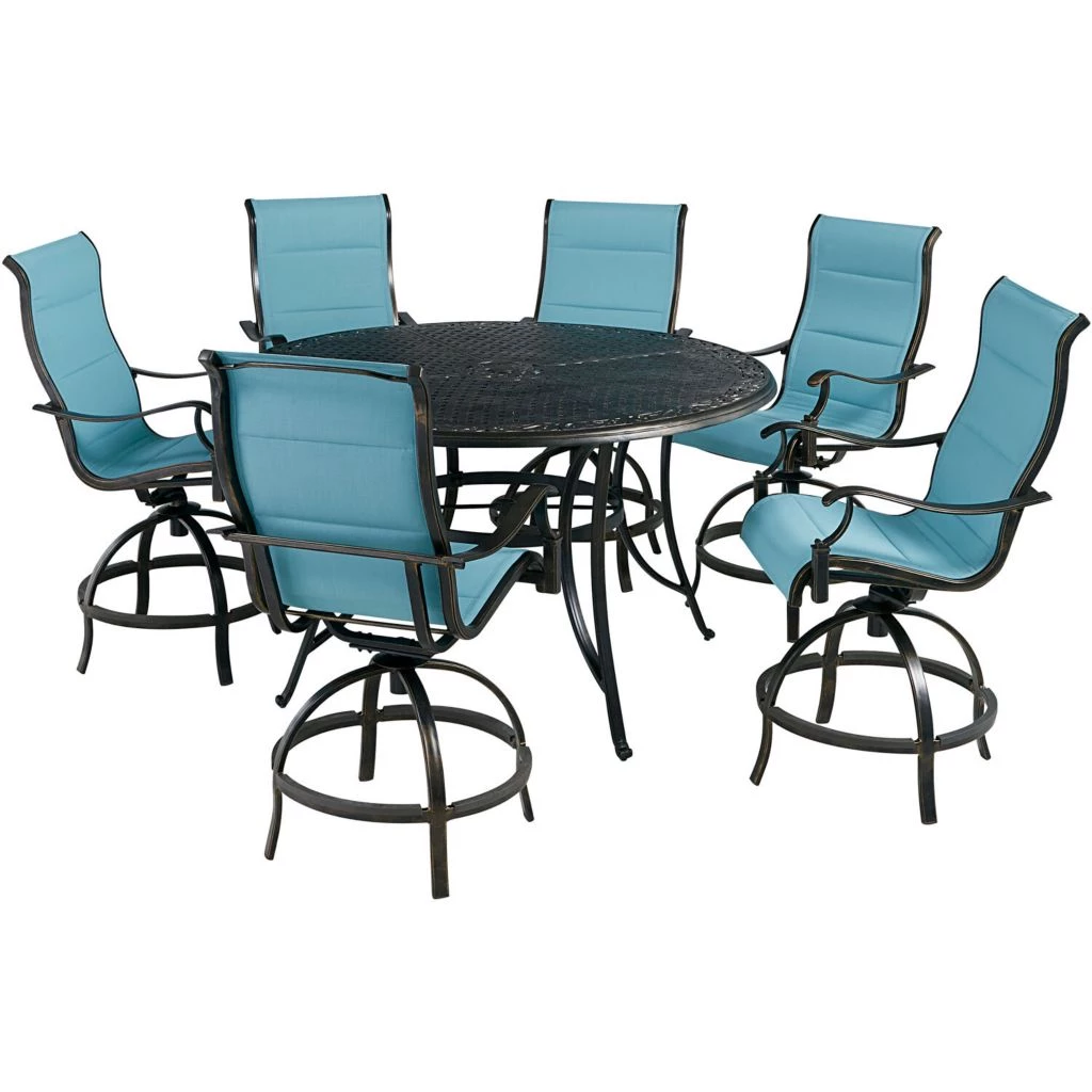 Hanover Traditions 7 pc. High-Dining Set with 6 Padded Swivel Counter-Height Chairs and 56 in. Cast Table, Blue 3 Hanover Traditions 7 pc. High-Dining Set with 6 Padded Swivel Counter-Height Chairs and 56 in. Cast Table, Blue