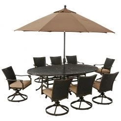 New! Hanover Traditions 9 pc. Patio Furniture Set with 8 Rockers and 95 in. x 60 in. Dining Table, Tan, TRADDNWB9PCOVSW8-TAN