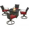 Hanover Traditions 5 pc. Chat Set, Four Wicker Back Rockers, 38 in. 30,000 BTU Slat-Top Gas Fire Pit Table, TRADWB5PCSLSW4FP-RED -Hanover Sales 1715163