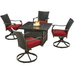 Hanover Traditions 5 pc. Chat Set, Four Wicker Back Rockers, 38 in. 30,000 BTU Slat-Top Gas Fire Pit Table, TRADWB5PCSLSW4FP-RED