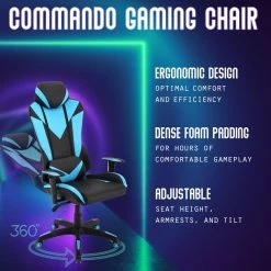 Hanover Commando Ergonomic High-Back Gaming Chair, Black and Electric Blue, Adjustable Gas Lift Seating, Lumbar Support, HGC0103 -Hanover Sales 1718222 A4