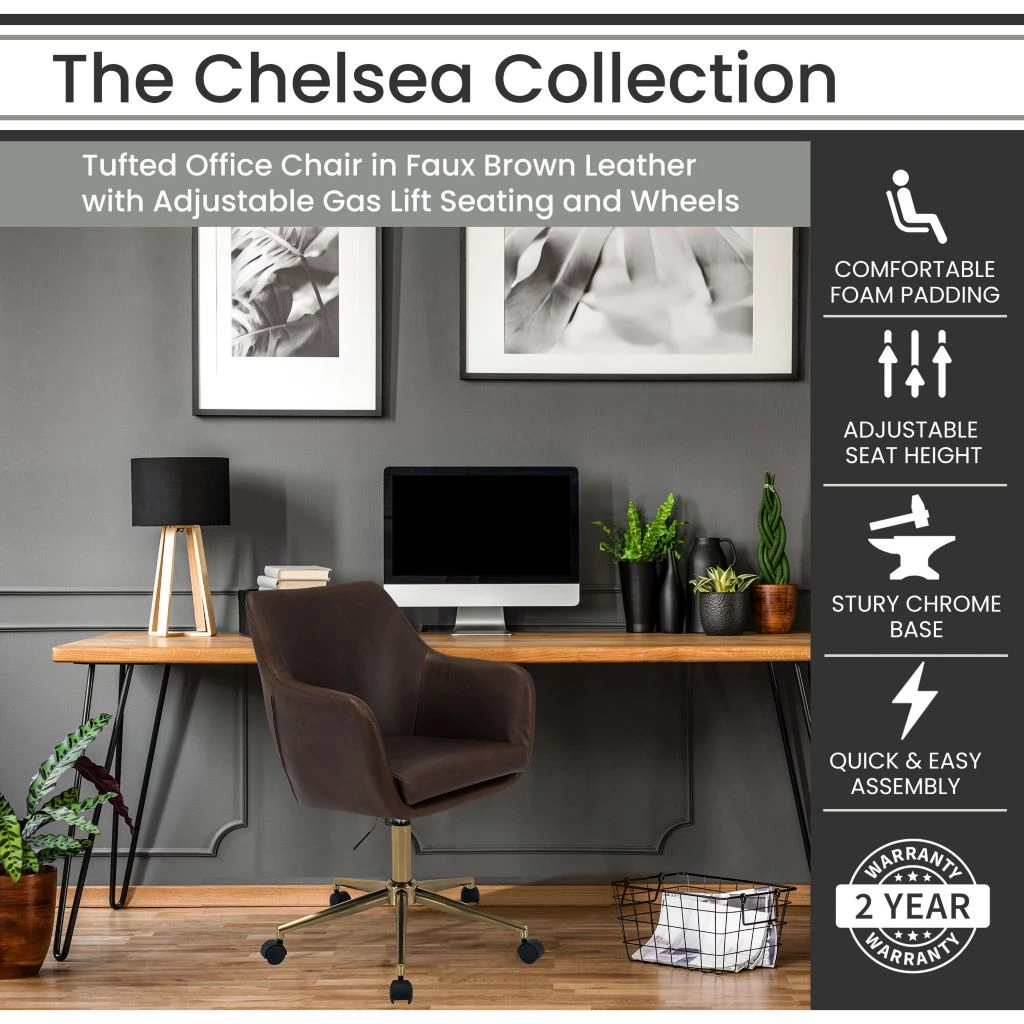 Hanover Chelsea Tufted Office Chair in Faux Brown Leather with Adjustable Gas Lift Seating and Wheels, HOC0015 4 Hanover Chelsea Tufted Office Chair in Faux Brown Leather with Adjustable Gas Lift Seating and Wheels, HOC0015 - Image 2