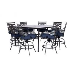 Hanover Montclair 9 pc. High-Dining Set in Navy Blue with 8 Counter-Height Swivel Chairs and 60 in. Table, MCLRDN9PCBRSW8-NVY