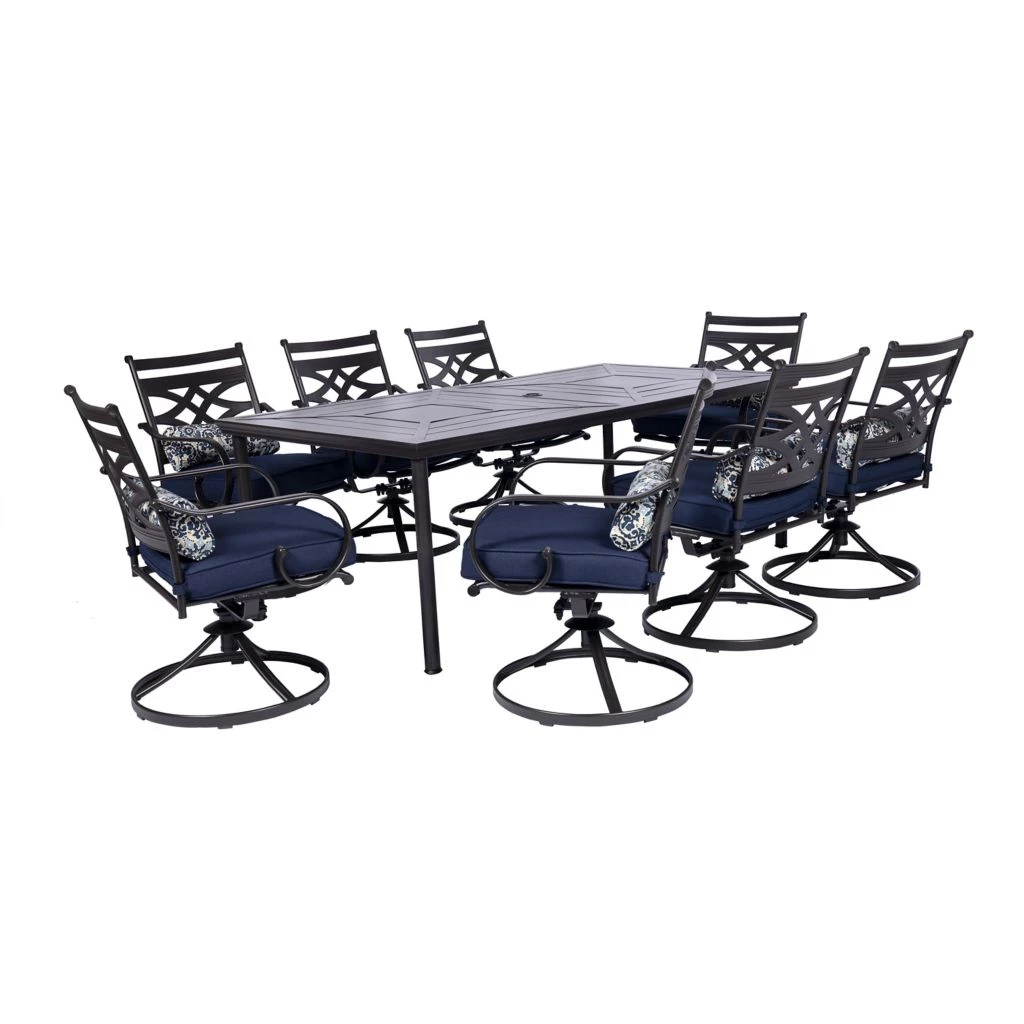 Hanover Montclair 9 pc. Dining Set in Navy Blue with 8 Swivel Rockers and a 42 in. x 84 in. Table, MCLRDN9PCSW8-NVY 3 Hanover Montclair 9 pc. Dining Set in Navy Blue with 8 Swivel Rockers and a 42 in. x 84 in. Table, MCLRDN9PCSW8-NVY