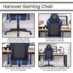 Hanover Commando Ergonomic Gaming Chair, Adjustable Gas Lift Seating, Lumbar and Neck Support, Black/Blue, HGC0109 -Hanover Sales 1918078 A3